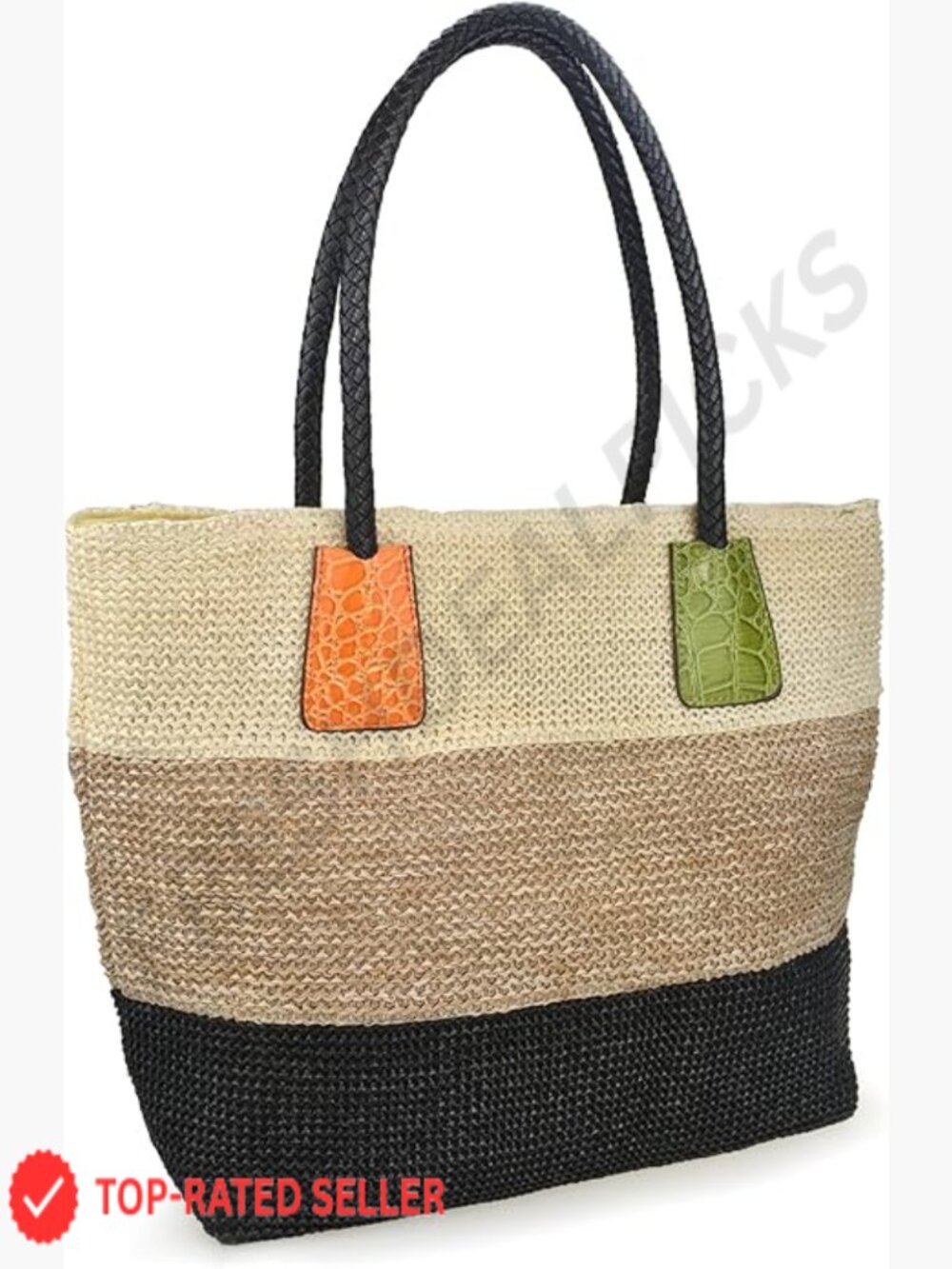 Color Block Crocodile Pattern Woven Straw Tote Shoulder Bag Chic Minimal